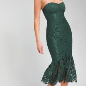 Divine Nights Forest Green Lace Strapless Midi Dress